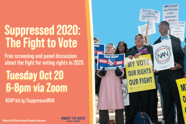 graphic that says "Suppressed 2020: The Fight to Vote" with basic info on the event, with a photo of voting rights protesters on the right