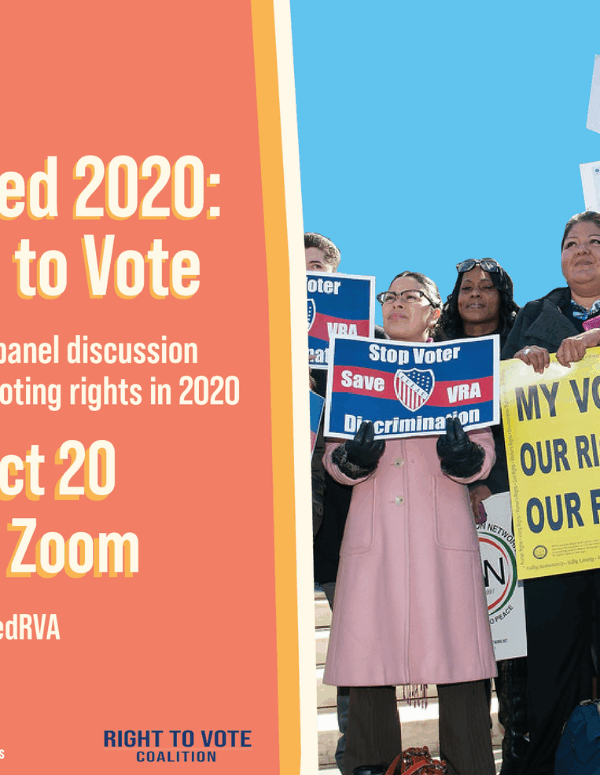 graphic that says "Suppressed 2020: The Fight to Vote" with basic info on the event, with a photo of voting rights protesters on the right