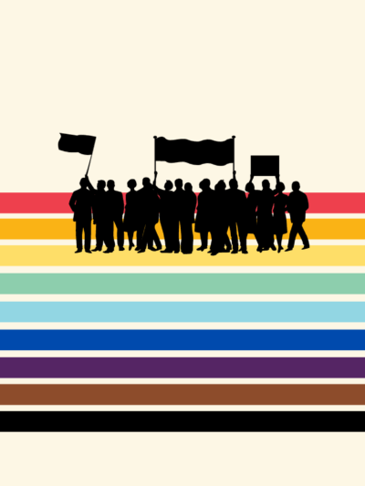 graphic with Pride flag colors and a silhouette of a group of protesters in the center