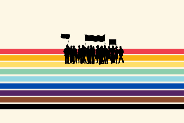 graphic with Pride flag colors and a silhouette of a group of protesters in the center