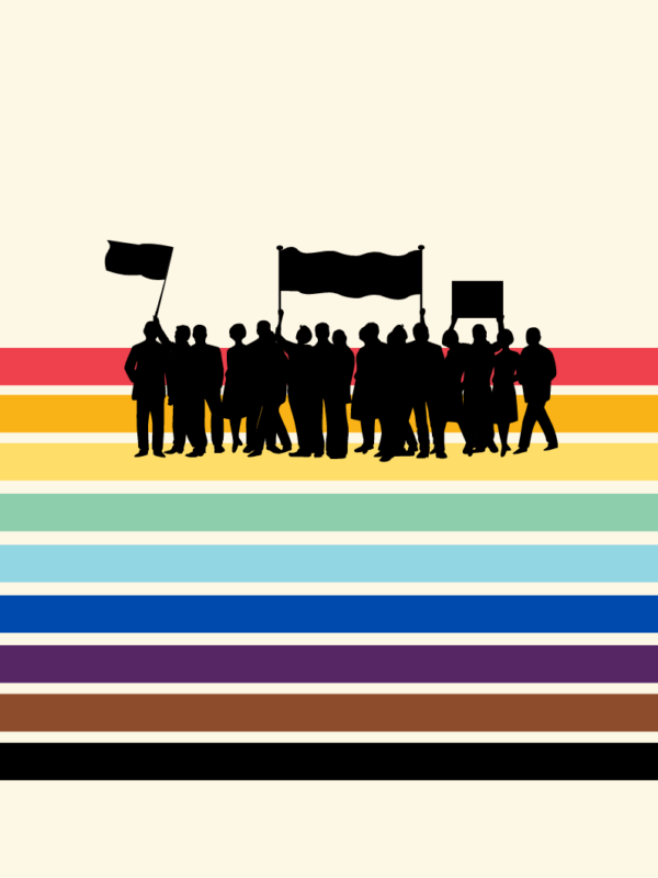 graphic with Pride flag colors and a silhouette of a group of protesters in the center