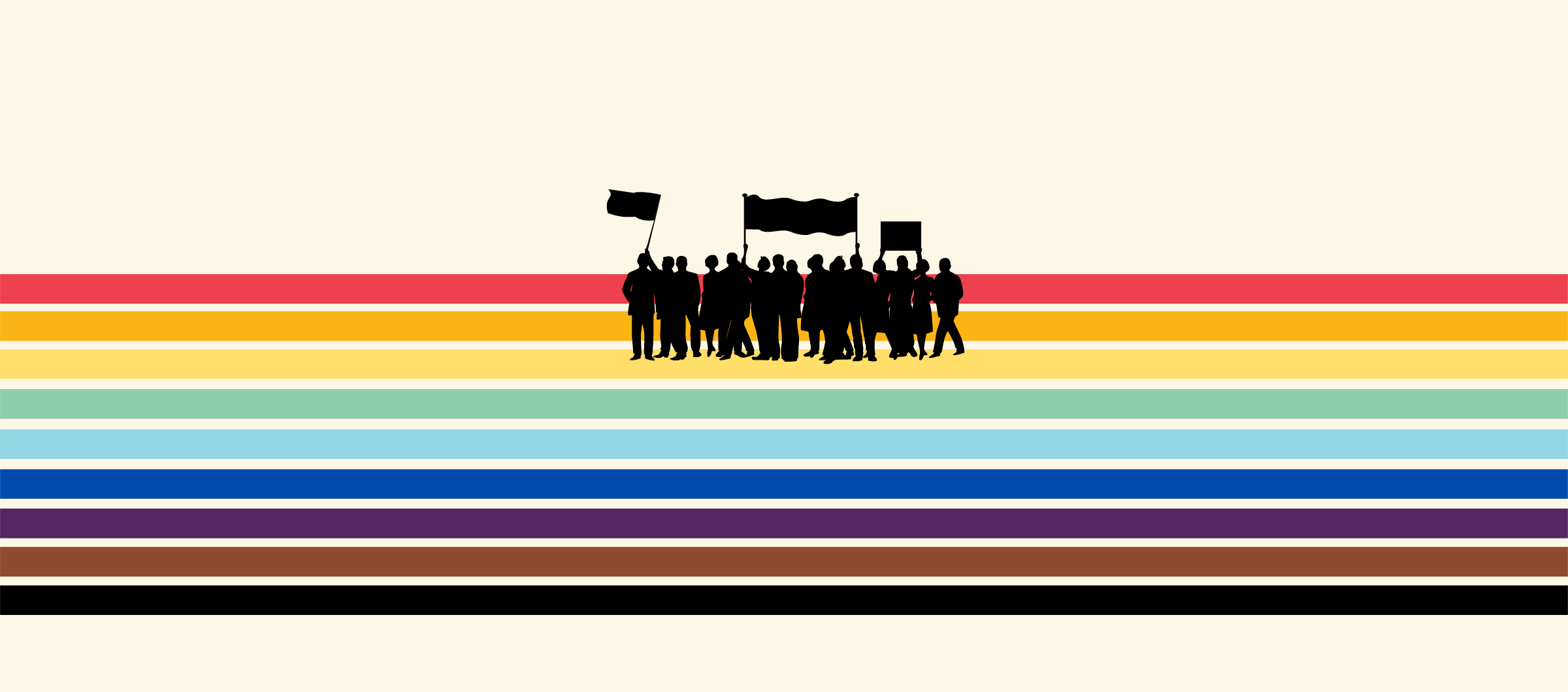 graphic with Pride flag colors and a silhouette of a group of protesters in the center