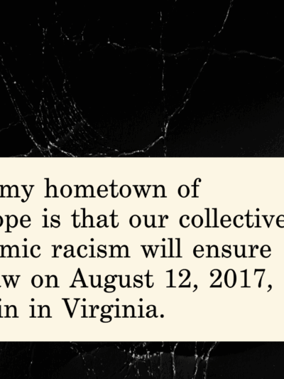 A graphic reading "We grieve alogn with my hometown of Charlottesville. Our hope is that our collective work to root out systemic racism will ensure that the horrors we saw on August 12, 2017, will never happen again in Virginia.