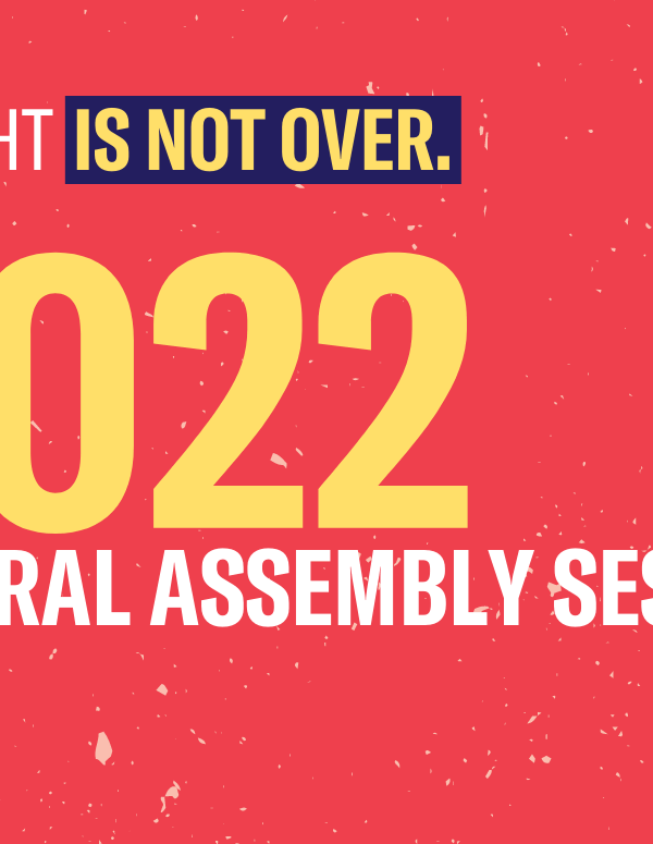 white background with the following text: The fight is not over: 2022 General Assembly session.