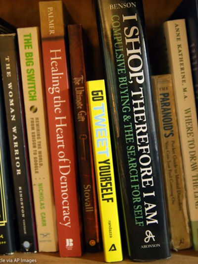 A bookshelf full of books.