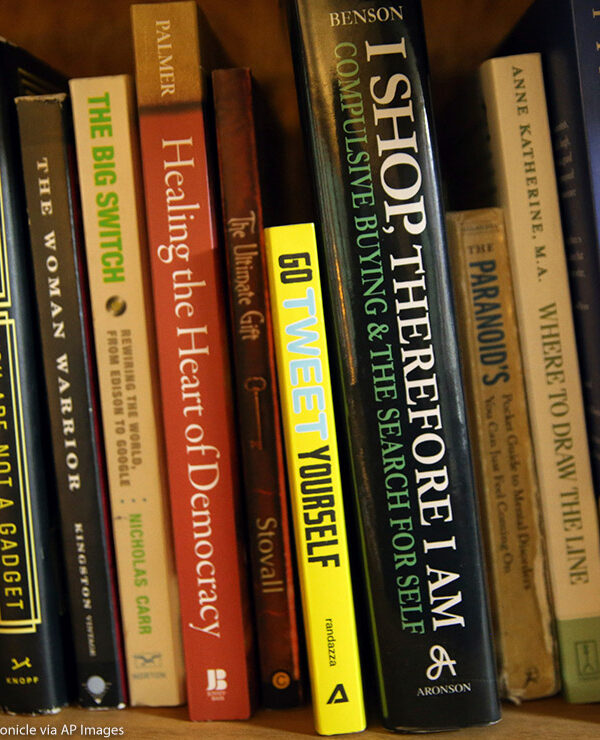 A bookshelf full of books.
