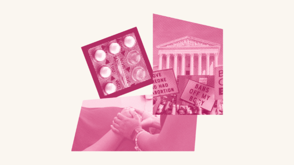 A pink birth control, capitol building, ad two people embracing one another.