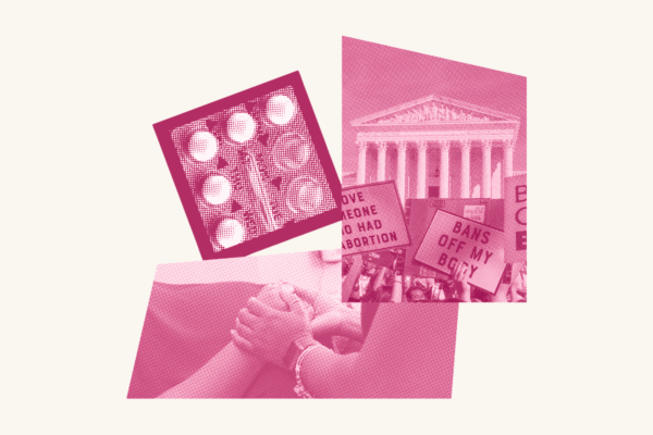 A pink birth control, capitol building, ad two people embracing one another.