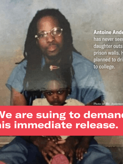 A photo of Antoine and his daughter, reading "We are suing for his immediate release."