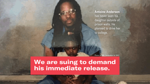 A photo of Antoine and his daughter, reading "We are suing for his immediate release."