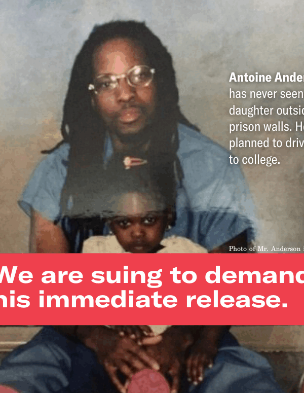 A photo of Antoine and his daughter, reading "We are suing for his immediate release."