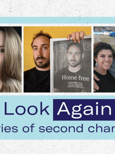 banner with photos of people featured in this storytelling series about second chances. Below the photos is the text "Look Again: Stories of second chances"