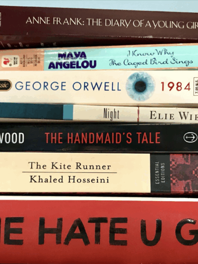 A photo of a stack of banned books.