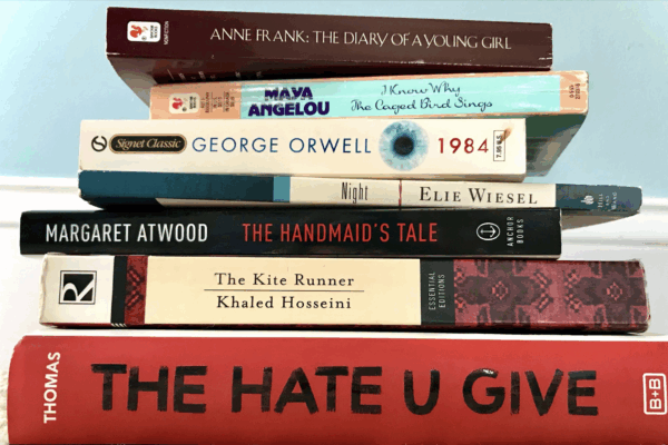 A photo of a stack of banned books.