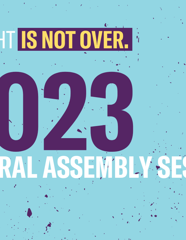 Graphic with azure blue background and the following text: "The fight is not over. 2023 general assembly session"