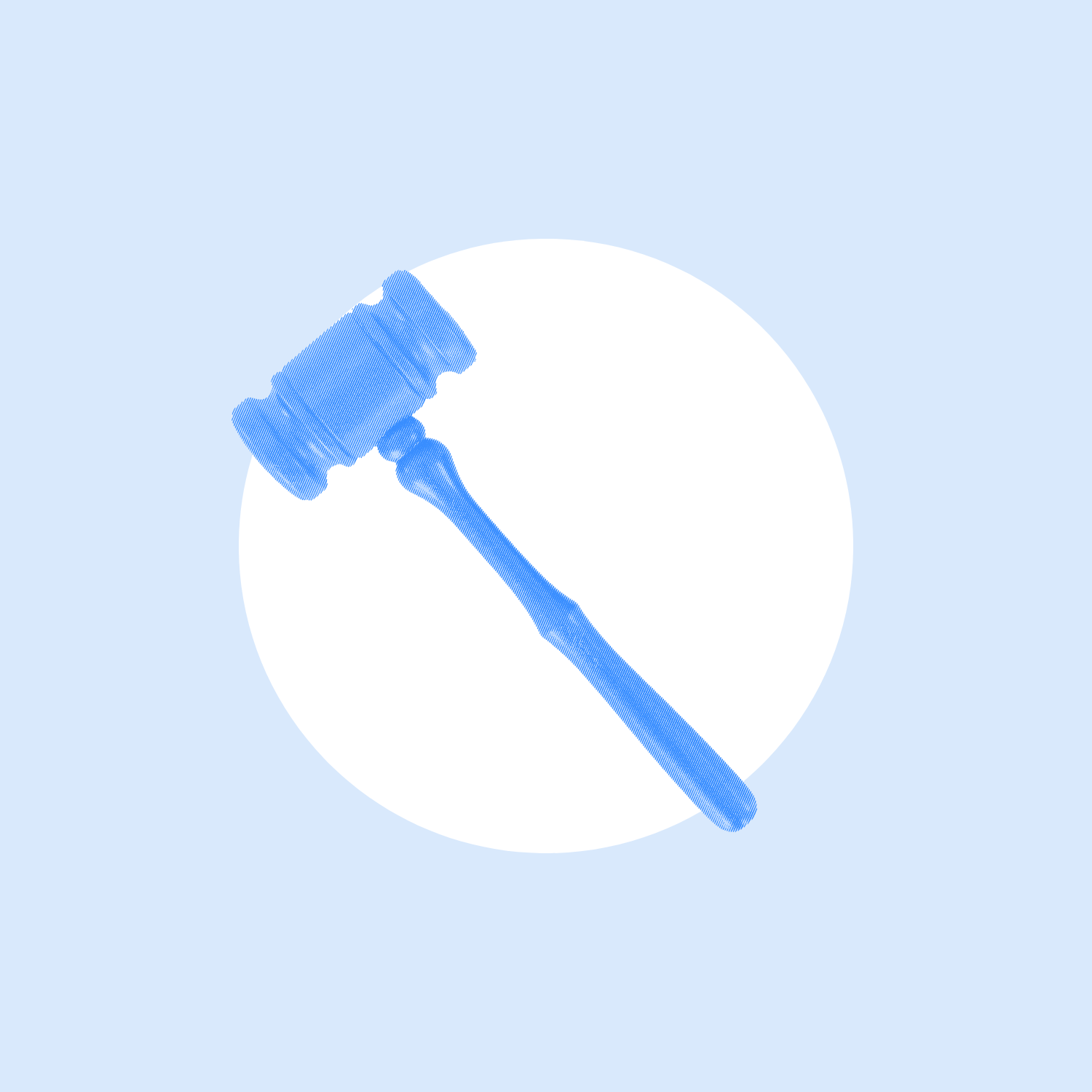 Over a light blue background is a white circle with a blue gavel over top.