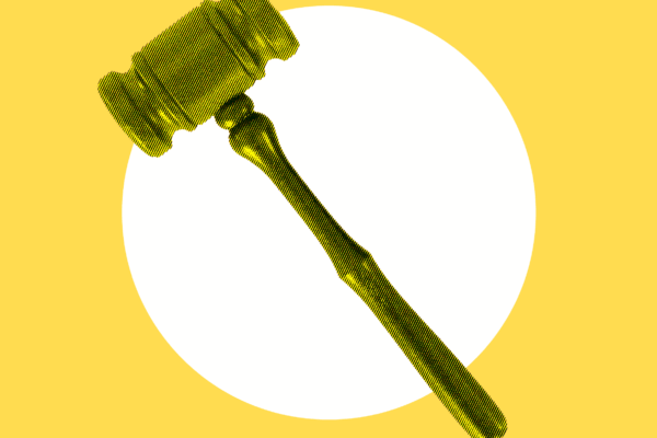 Yellow background with a white circle in the center. A yellow gavel is on top.