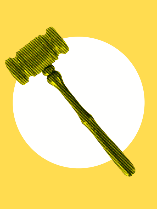 Yellow background with a white circle in the center. A yellow gavel is on top.