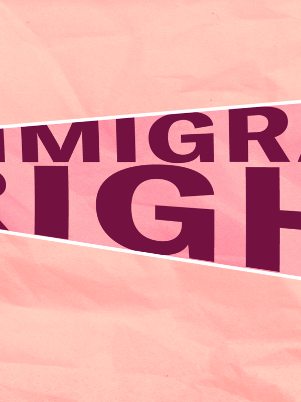 Pink background with a hand holding a megaphone with the text "immigrants' rights" coming out of the megaphone