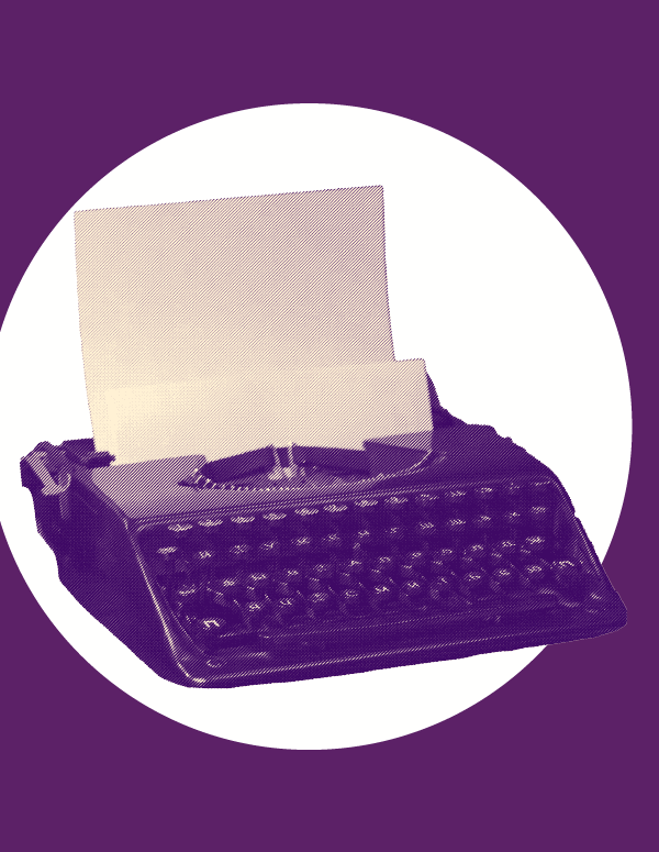 A purple typewriter over a white circle and purple background to signify First Amendment rights press