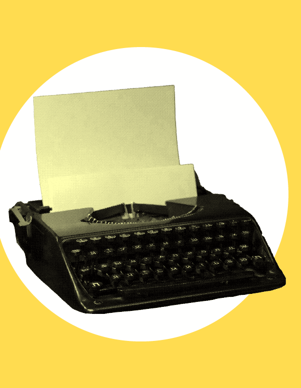 A yellow typewriter over a white circle and bright yellow background to signify immigrants' rights press
