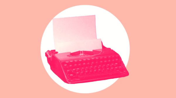 A bright pink typewriter over a white circle and pink background to signify LGBTQ rights press
