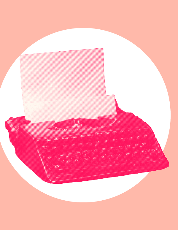 A bright pink typewriter over a white circle and pink background to signify LGBTQ rights press