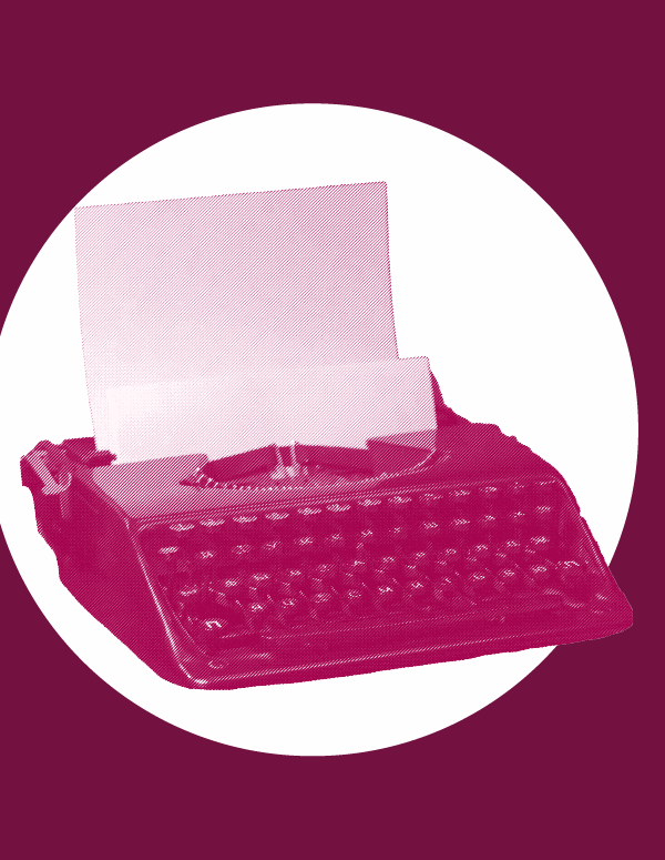 A bright maroon typewriter in front of a white circle and maroon background is used to signify reproductive rights press.