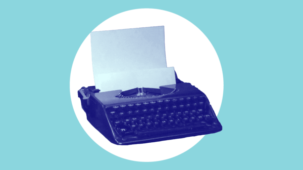 A typewrite in the center against an azure blue background