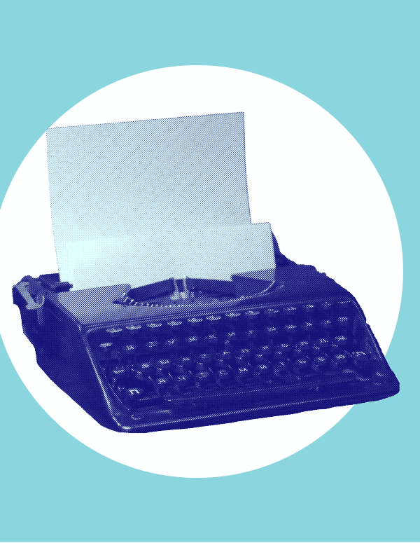 A typewrite in the center against an azure blue background