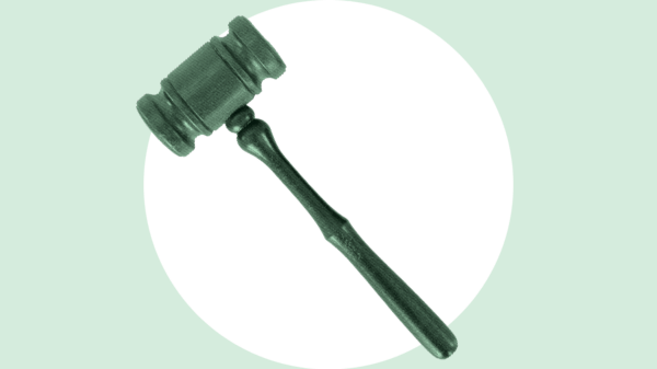 Over a light green background is a white circle with a green gavel in the middle.