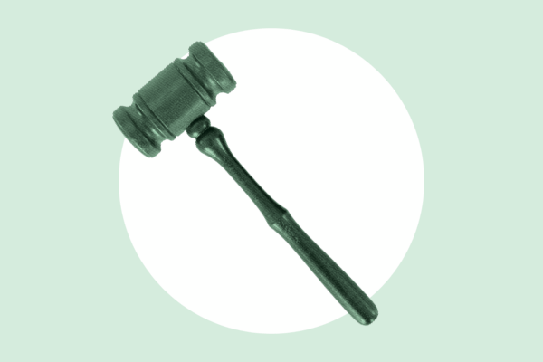 Over a light green background is a white circle with a green gavel in the middle.