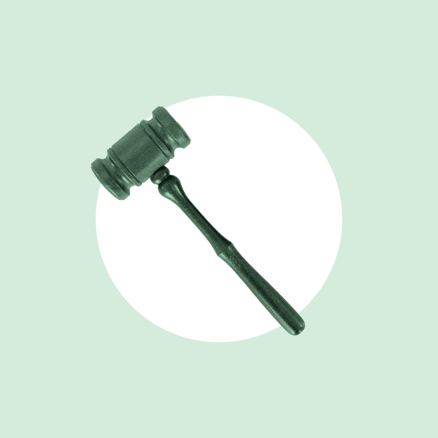 Over a light green background is a white circle with a green gavel in the middle.