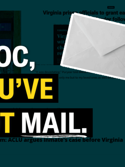 Text says: "VDOC, You've got mail." To the right is a hand with an envelope.