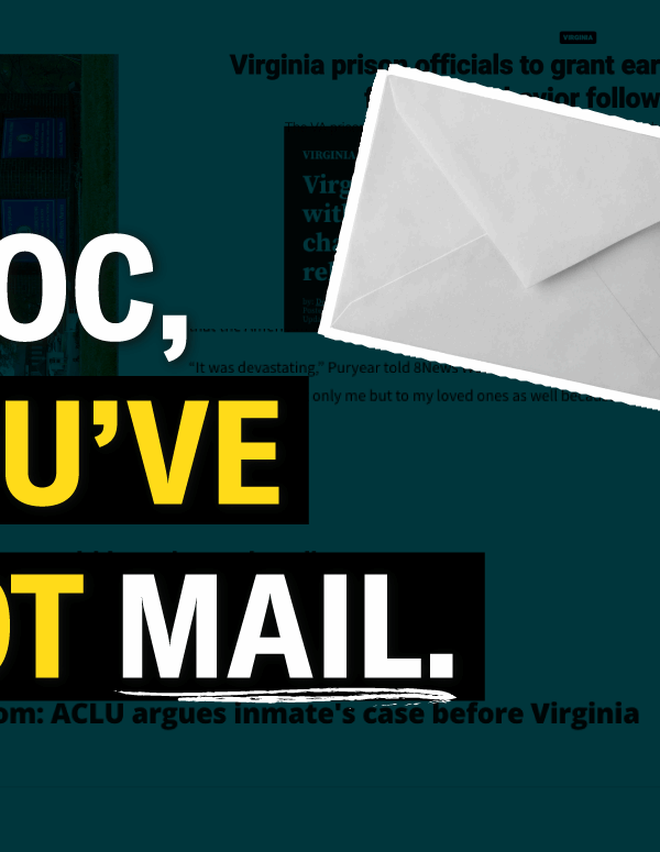 Text says: "VDOC, You've got mail." To the right is a hand with an envelope.