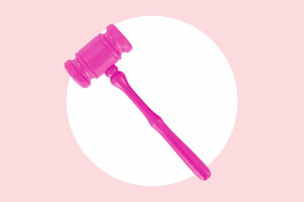 A neon pink gavel over a white circle, with a light pink background.