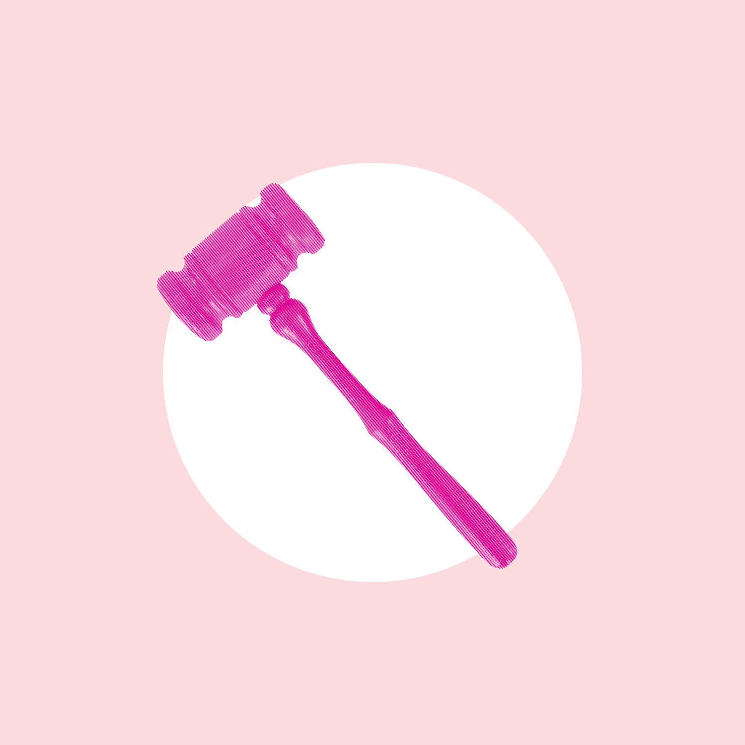 A neon pink gavel over a white circle, with a light pink background.