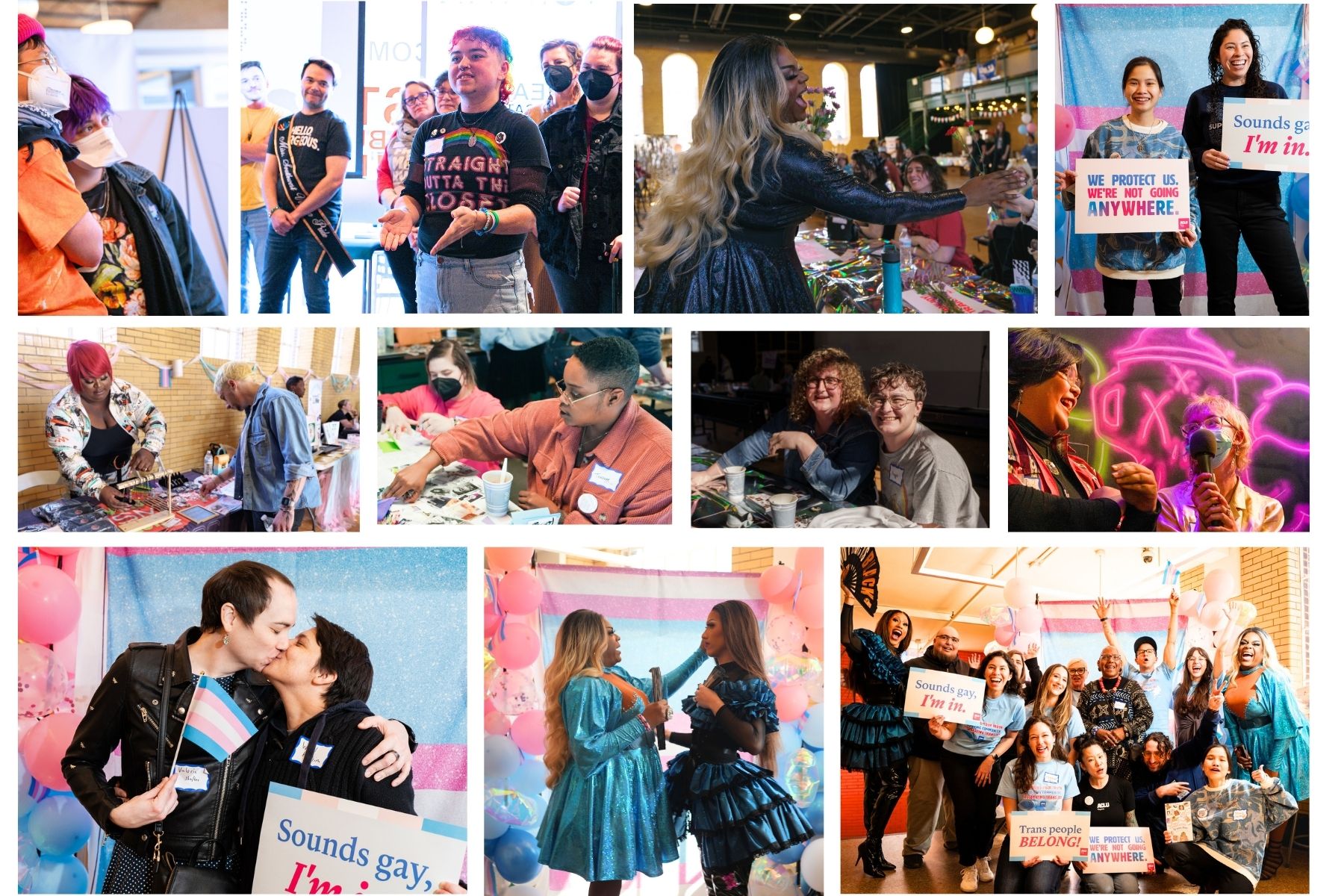 a collage of photos from ACLU-VA's trans joy events in Roanoke, Fredericksburg, and Richmond -- showcasing the diversity, vibrancy and joy of the LGBTQ+ community,