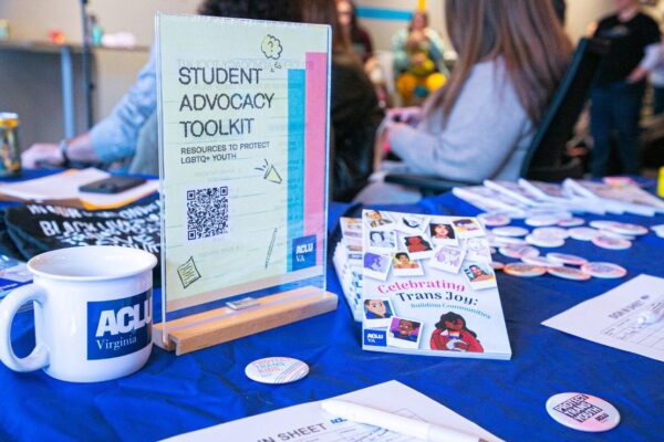 ACLU-VA table with many trans joy zine, buttons, stickers, and resources for LGBTQ+ students