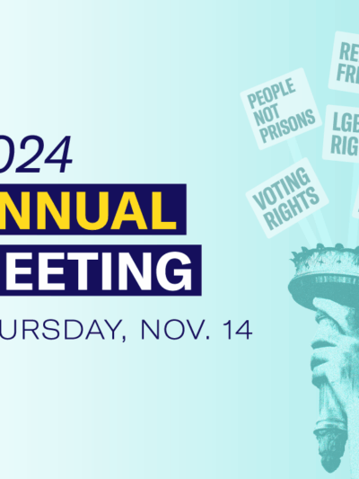 Text that says, "2024 Annual Meeting. Thursday, Nov. 14" To the right is a liberty torch holding up multiple protest signs with various values and rights of the people.