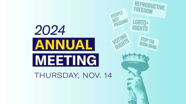 Text that says, "2024 Annual Meeting. Thursday, Nov. 14" To the right is a liberty torch holding up multiple protest signs with various values and rights of the people.