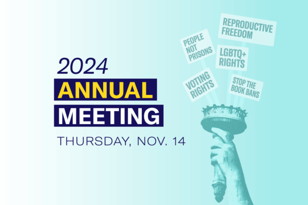 Text that says, "2024 Annual Meeting. Thursday, Nov. 14" To the right is a liberty torch holding up multiple protest signs with various values and rights of the people.