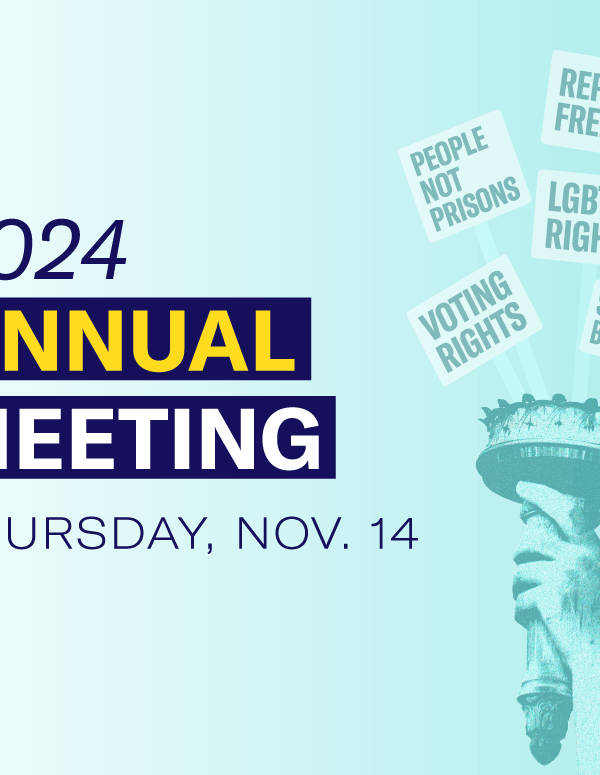 Text that says, "2024 Annual Meeting. Thursday, Nov. 14" To the right is a liberty torch holding up multiple protest signs with various values and rights of the people.
