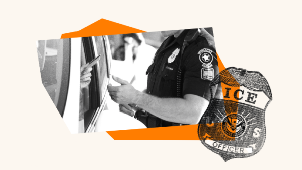 A police officer takes information from a person in their car. Over the photo of the encounter is an ICE badge.