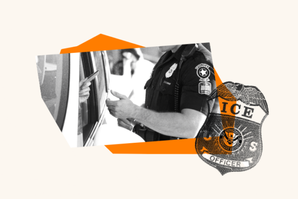 A police officer takes information from a person in their car. Over the photo of the encounter is an ICE badge.