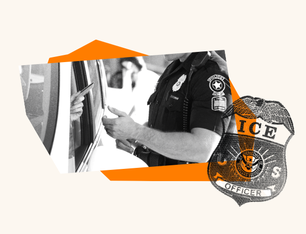 A police officer takes information from a person in their car. Over the photo of the encounter is an ICE badge.