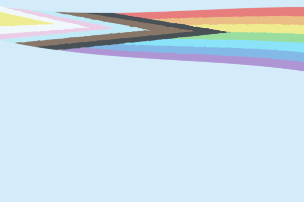 The pride inclusive flag flows across a light blue background.