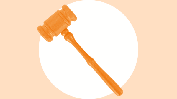 An orange gavel over a white circle, with a light orange background.