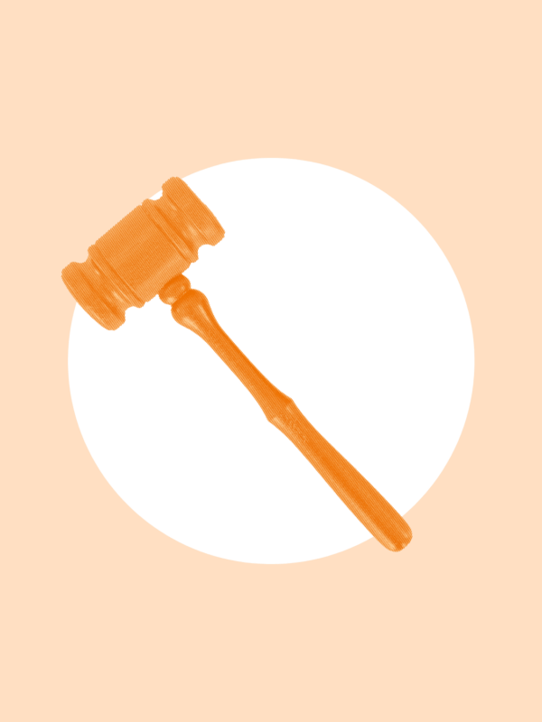 An orange gavel over a white circle, with a light orange background.