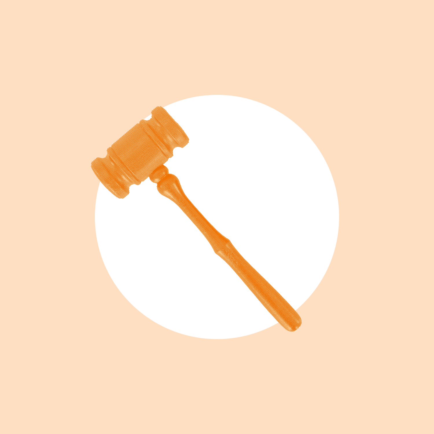 An orange gavel over a white circle, with a light orange background.